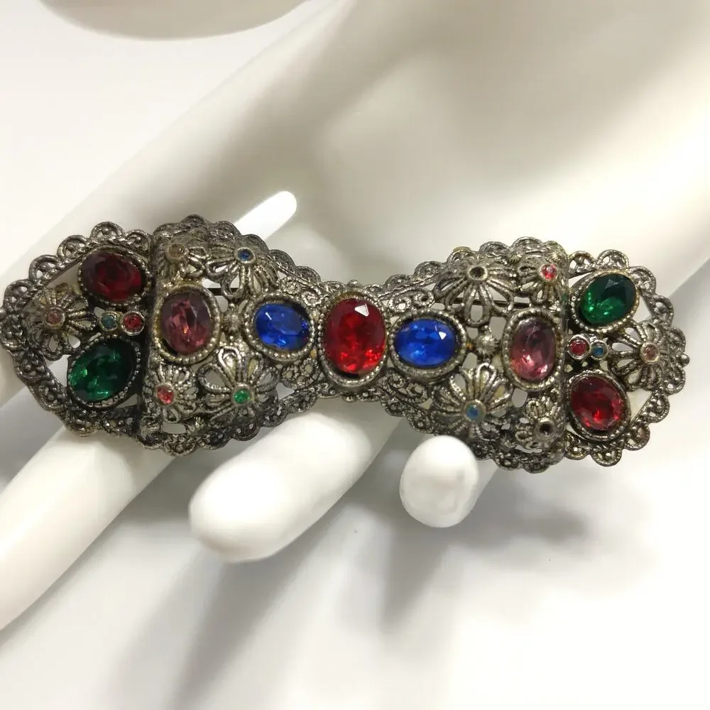 Vintage Rhinestone Floral Bow Brooch, Filigree Flowers, 1930s Jewelry